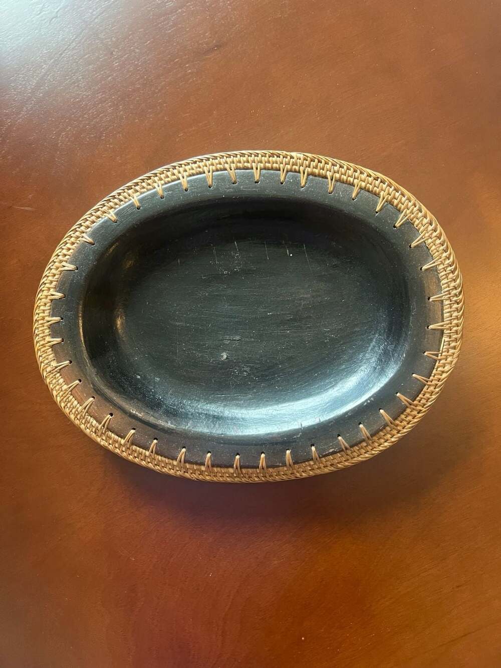 Brown Oval Bowl with Woven Rattan Trim Edging
